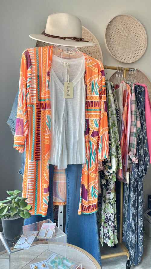 Glamco Boutique  New ! Newport Lightweight Multicolor Kimono In Tangerine