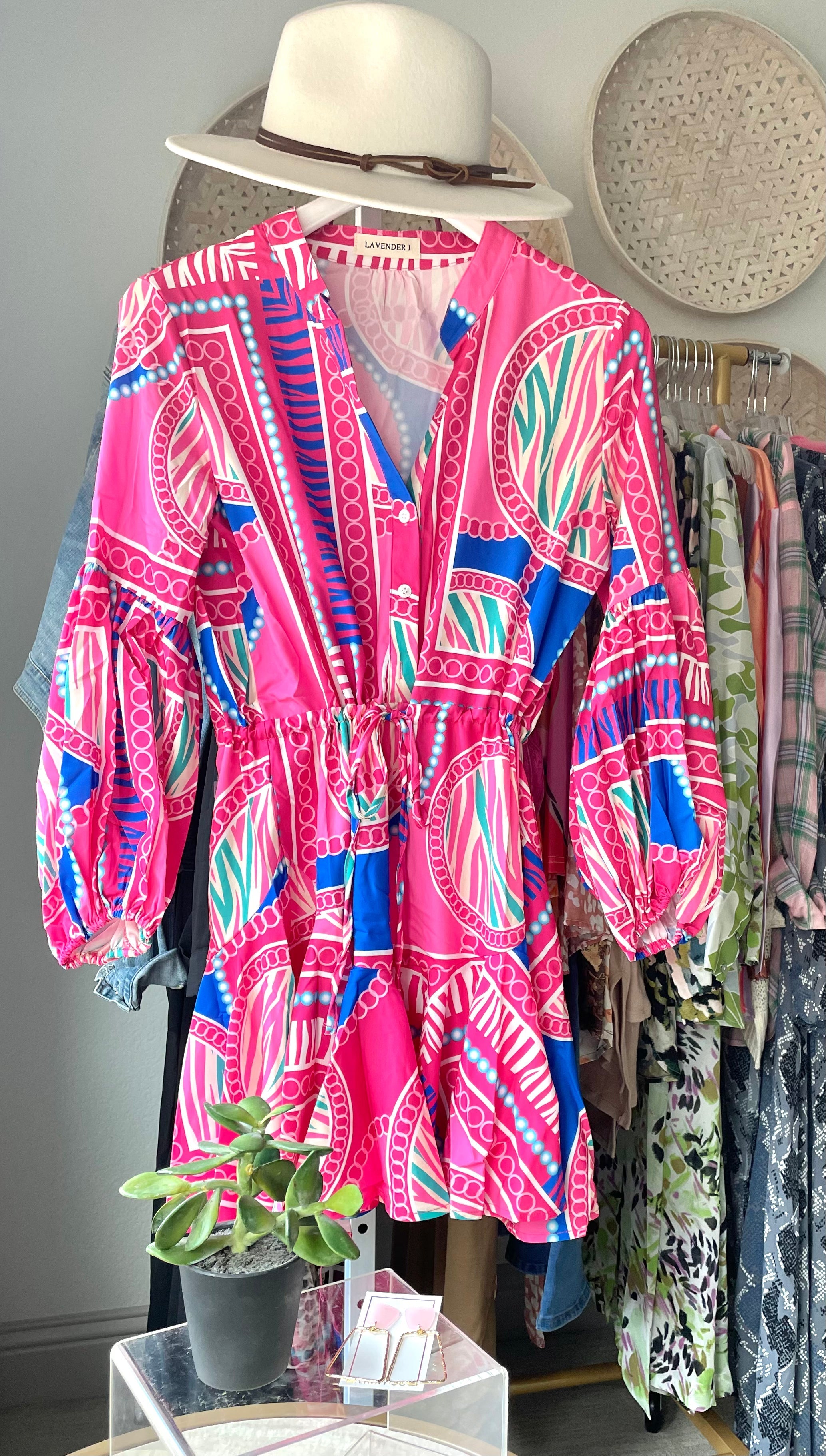 Glamco Boutique  New ! Sloan Fuchsia Print Balloon Sleeve Dress