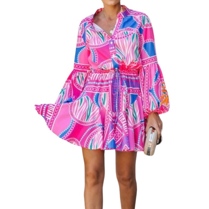 Glamco Boutique  New ! Sloan Fuchsia Print Balloon Sleeve Dress
