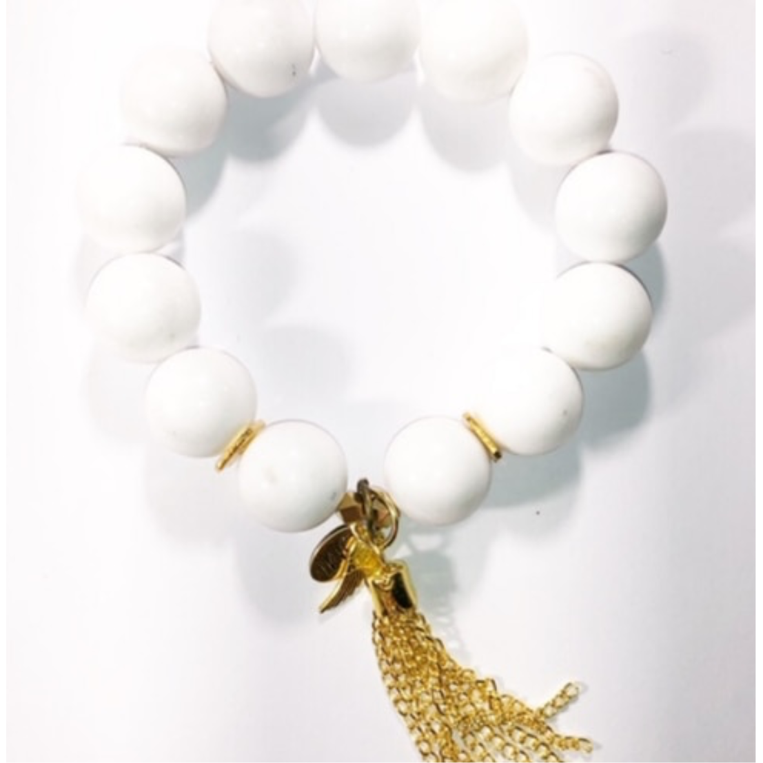 Glamco Boutique  She Is Awakened With Gold Tassel She Is Awakened Stretch Bracelets in White Agate