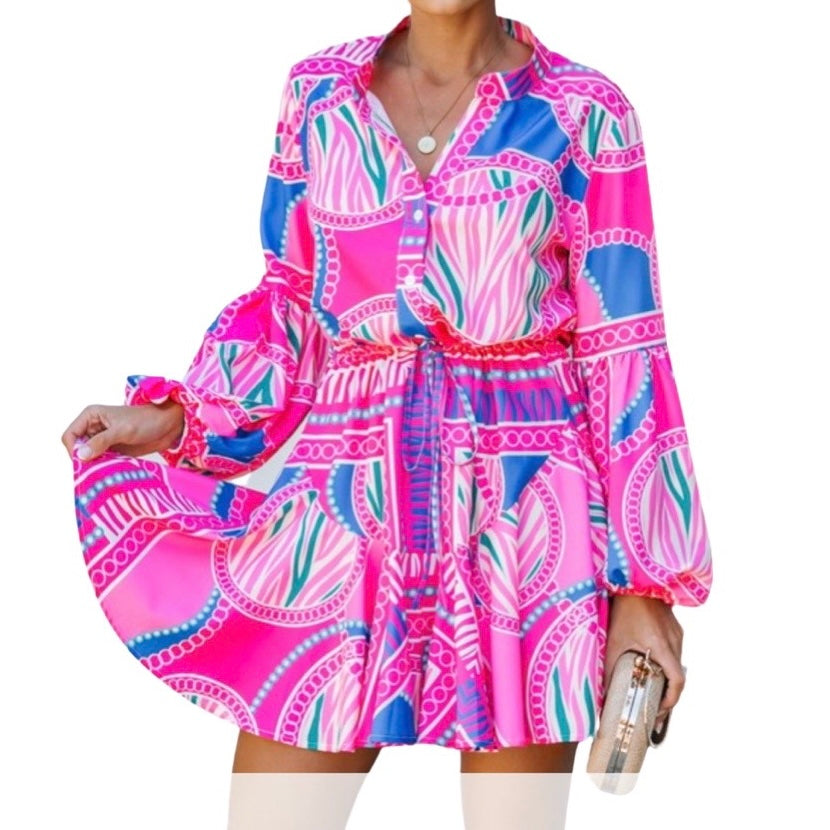 Glamco Boutique  Small 4-6 New ! Sloan Fuchsia Print Balloon Sleeve Dress
