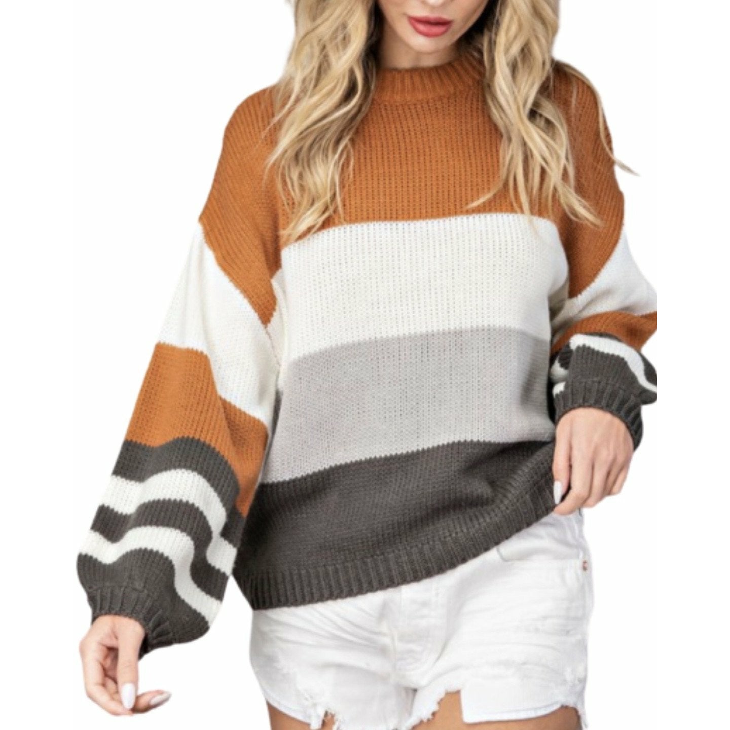 New ! Kaylee Bishop Sleeve Mock Neck Sweater - Glamco Boutique 