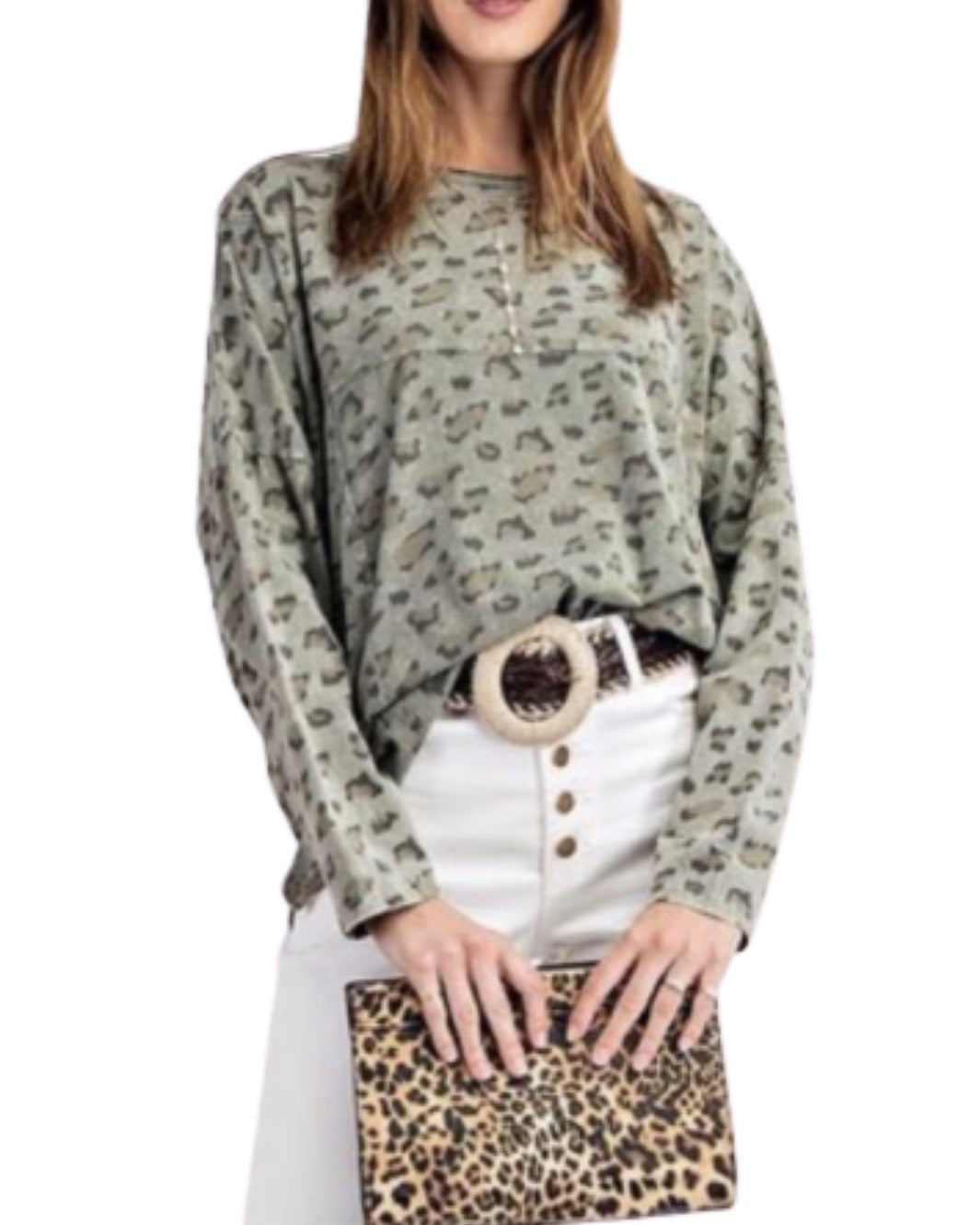New ! Shannae Faded Olive Leopard Print Top - Glamco Boutique 