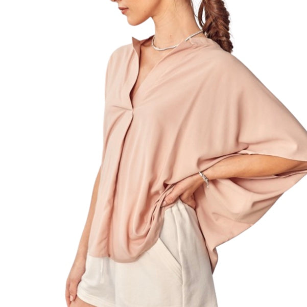 Glamco Boutique  Chic Pullover High / Low Hem Top Small Cleobella V -Neck Pullover High Low Hem Top in Blush