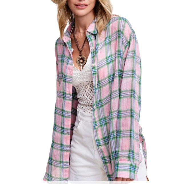 Glamco Boutique  Coming Soon ! Chloe Lightweight Long Sleeve Button Down Top In Pink / Green Plaid