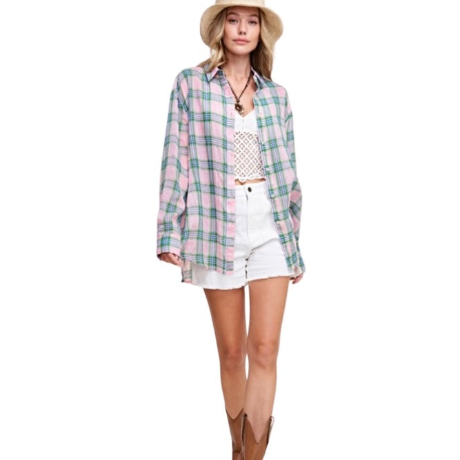 Glamco Boutique  Coming Soon ! Chloe Lightweight Long Sleeve Button Down Top In Pink / Green Plaid