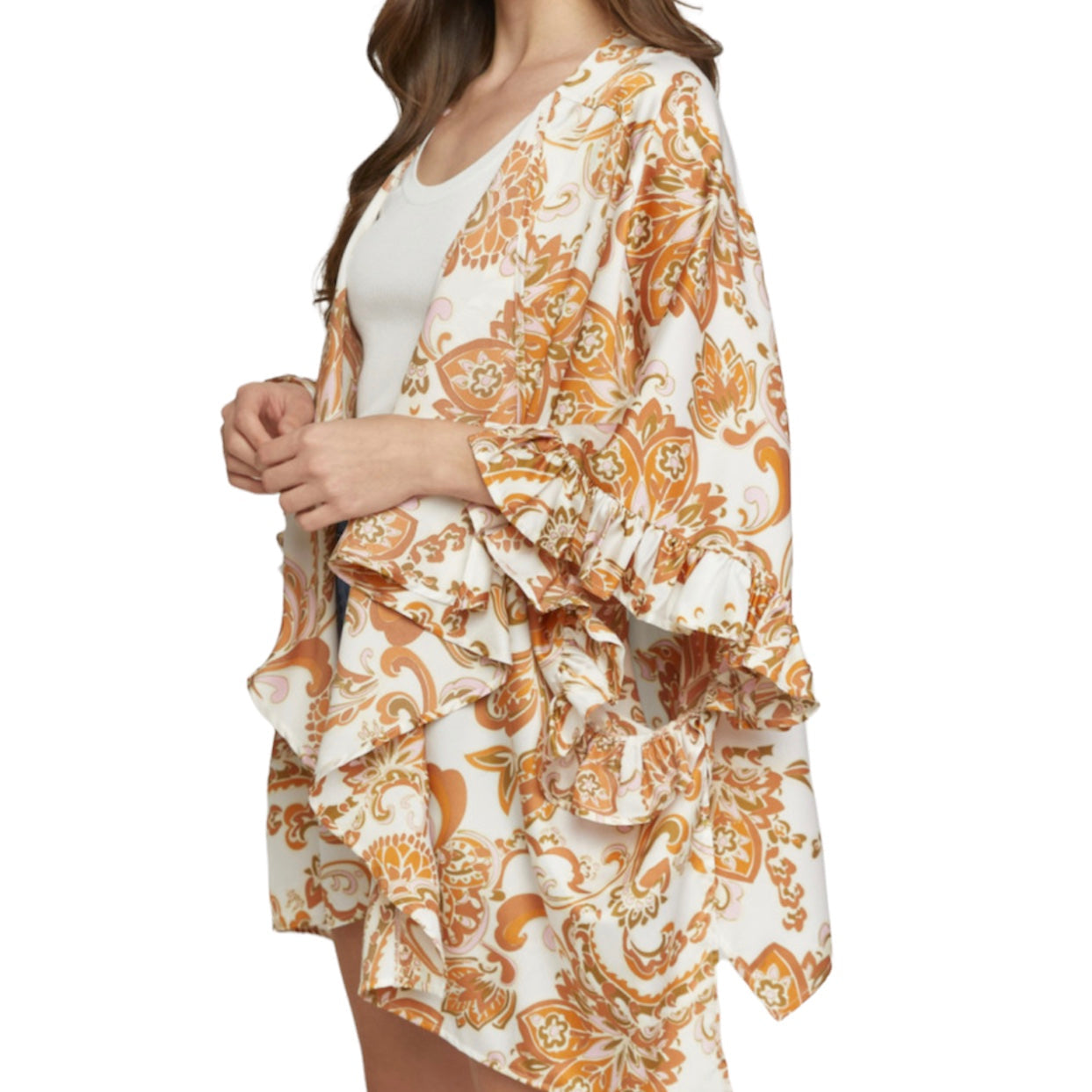 Glamco Boutique  Kimono Duster , Kimono One Size New ! Sandrine Printed Satin Kimono in Apricot / Rust
