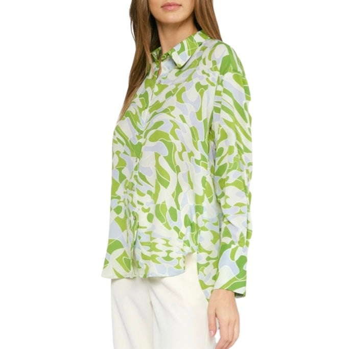Glamco Boutique  Long Sleeve Button Down New ! Paris Long Sleeve Button Down Top in Abstract Celery Print