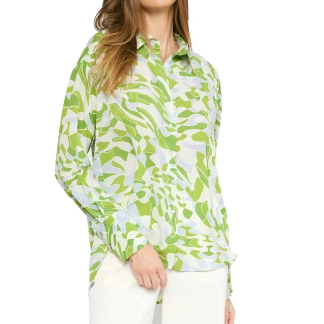 Glamco Boutique  Long Sleeve Button Down Small New ! Paris Long Sleeve Button Down Top in Abstract Celery Print