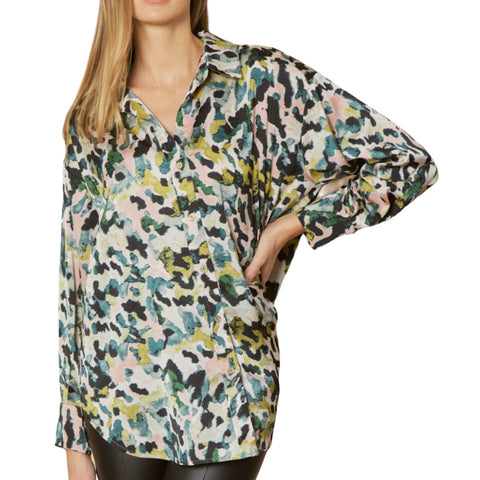 New ! Paris Long Sleeve Button Down Top in Abstract Celery Print