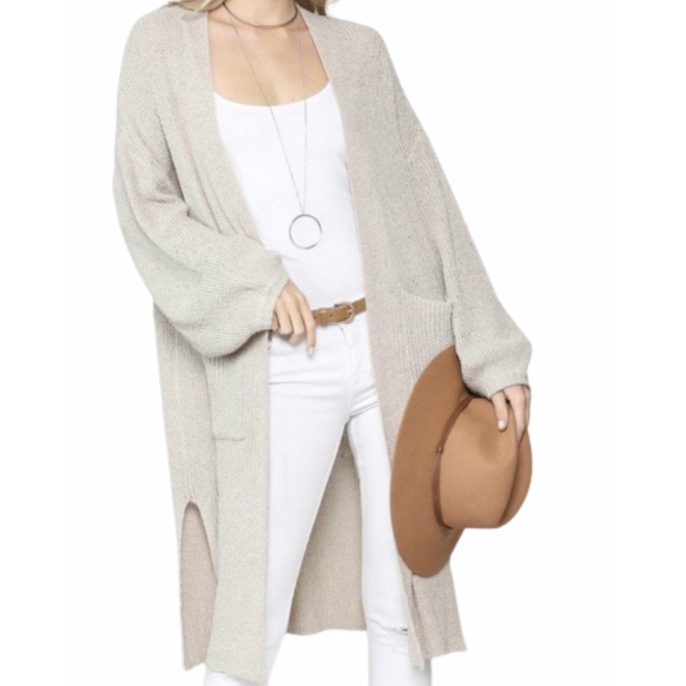 New ! Charlotte Puff Sleeve Open Front Knit Cardigan - Glamco Boutique 
