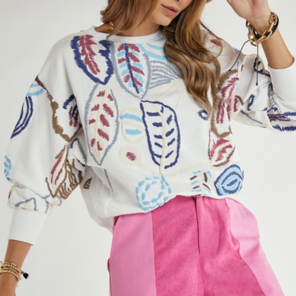 Glamco Boutique  Pullover Tops New ! Melrose Pullover Top in Multi Color Embroidery On White