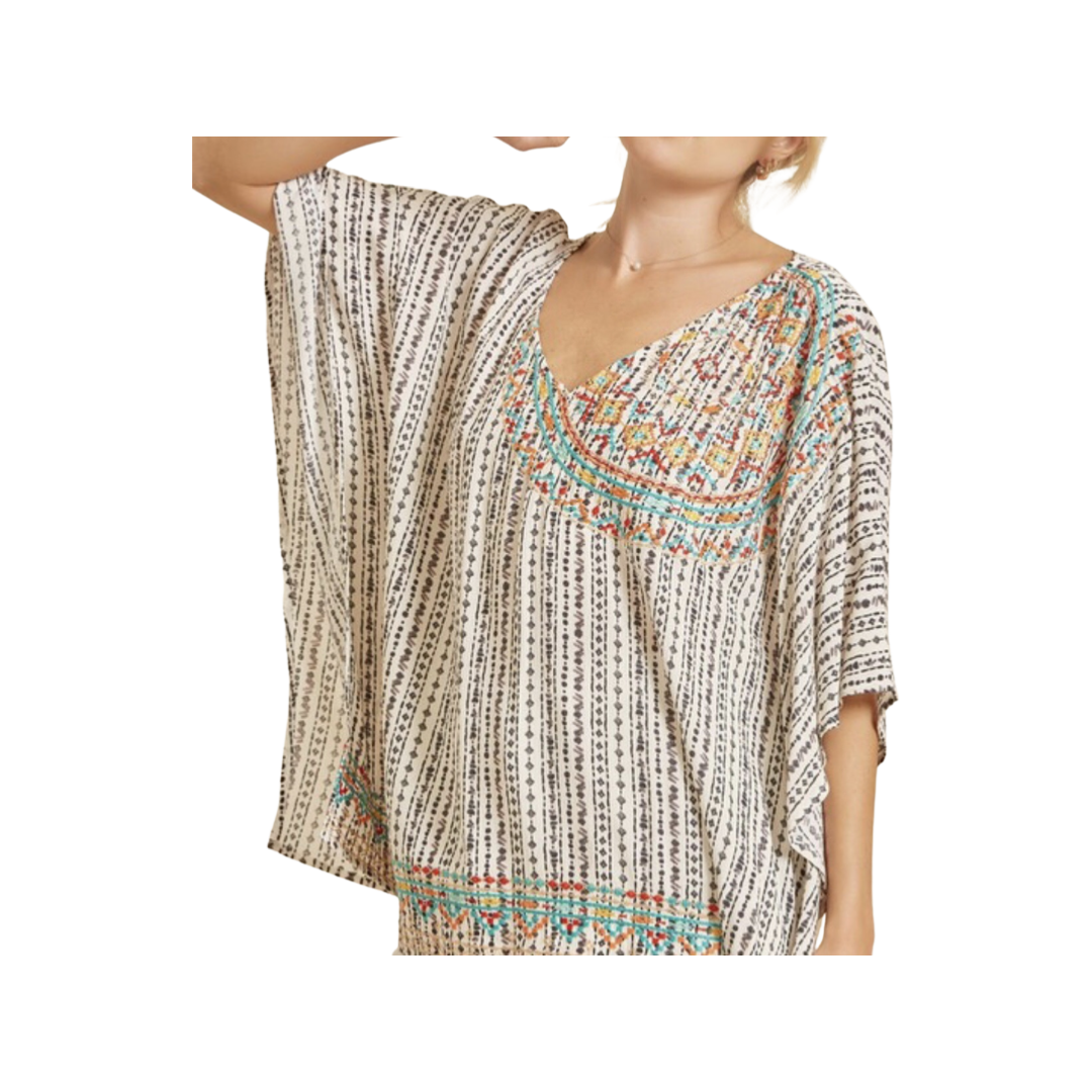 Glamco Boutique  Shirts & Tops In Palm Desert Embroidered Pullover Poncho In Ivory / Black