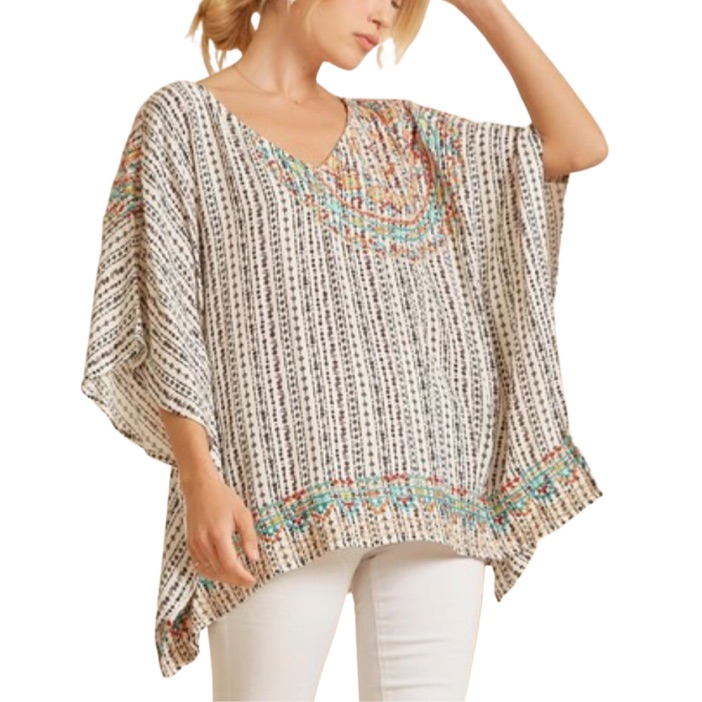Glamco Boutique  Shirts & Tops Small / Medium In Palm Desert Embroidered Pullover Poncho In Ivory / Black