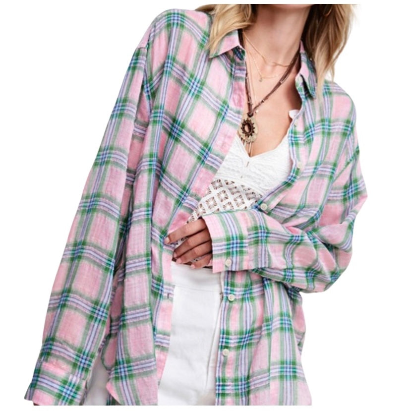 Glamco Boutique  Small Coming Soon ! Chloe Lightweight Long Sleeve Button Down Top In Pink / Green Plaid