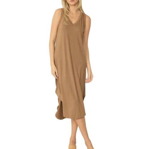 Glamco Boutique  V-Neck Sleeveless Midi Dress New! Maggi Midi Dress in Mocha