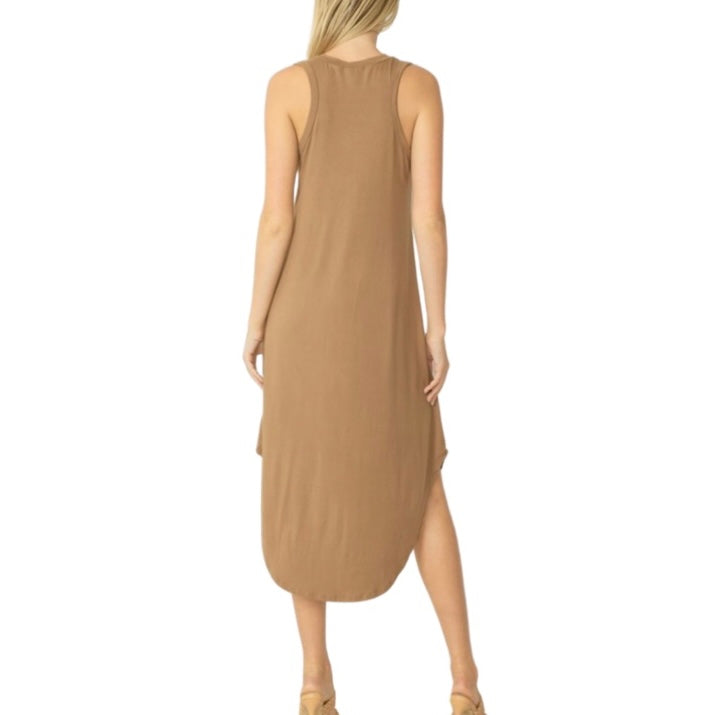 Glamco Boutique  V-Neck Sleeveless Midi Dress New! Maggi Midi Dress in Mocha