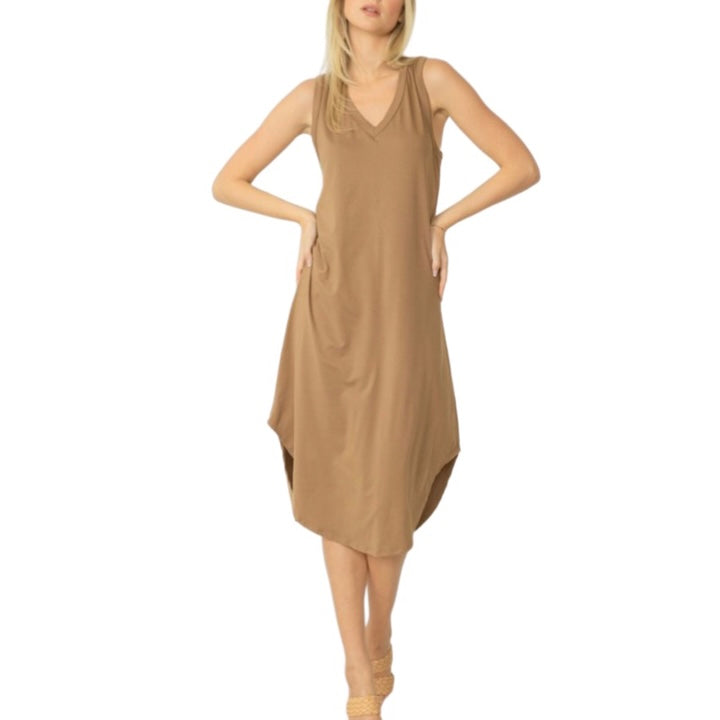 Glamco Boutique  V-Neck Sleeveless Midi Dress Small New! Maggi Midi Dress in Mocha